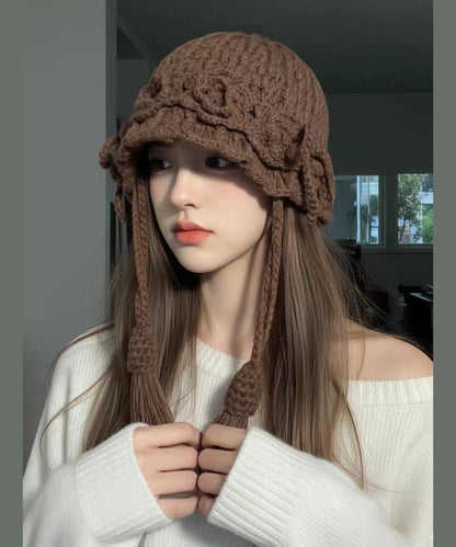 2025 New Coffee Handmade Tassel Flower Knitted Boonie Hat