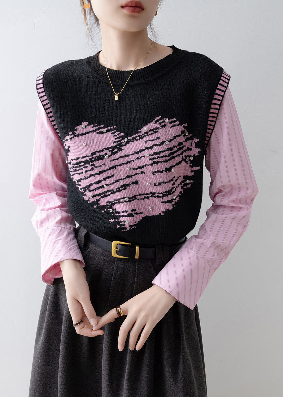 2025 New Fake Two Pieces Set Knit Patchwork Pink Shirts Spring