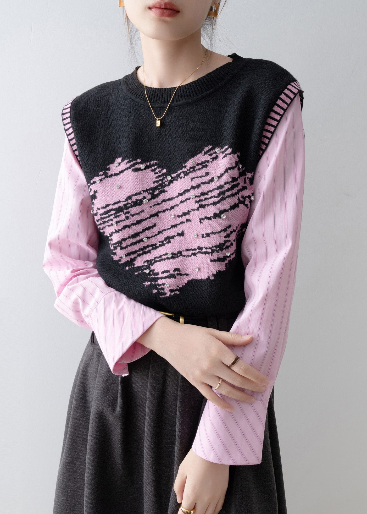 2025 New Fake Two Pieces Set Knit Patchwork Pink Shirts Spring