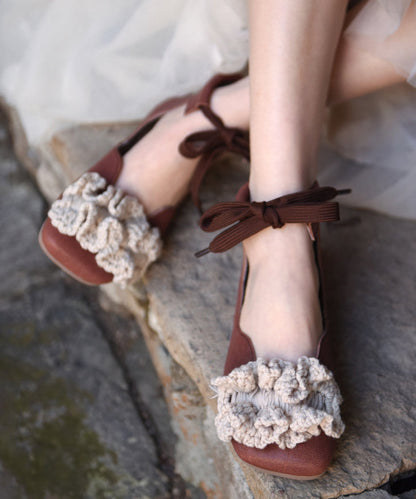 2025 New Floral Splicing Flat Shoes Caramel Sheepskin Lace Up