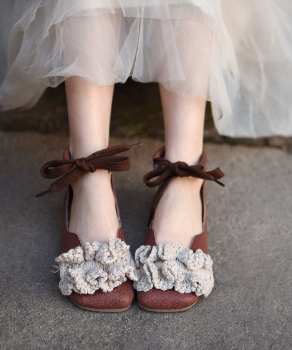 2025 New Floral Splicing Flat Shoes Caramel Sheepskin Lace Up