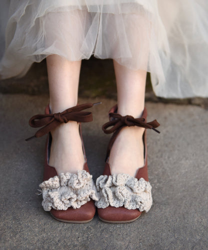 2025 New Floral Splicing Flat Shoes Caramel Sheepskin Lace Up