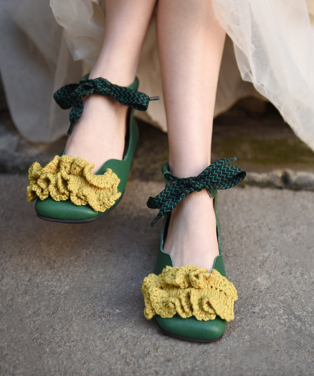 2025 New Floral Splicing Flat Shoes Caramel Sheepskin Lace Up