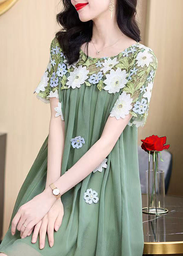 2025 New Flower Decorated Lace Splicing Chiffon Dress Summer