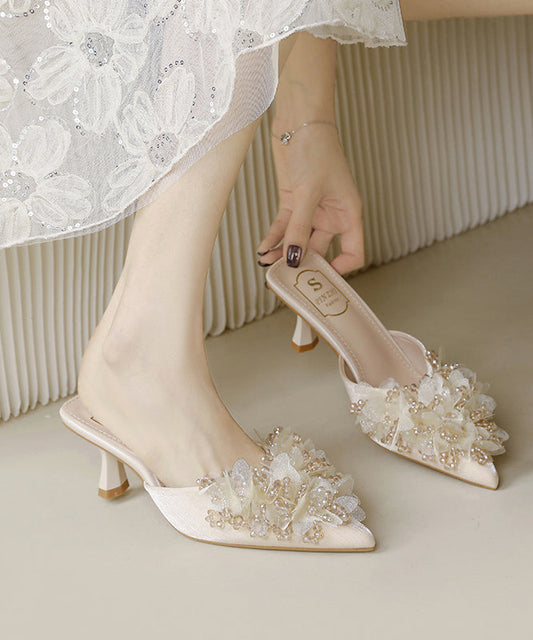 2025 New French Apricot Satin Zircon High Heels Slide Sandals