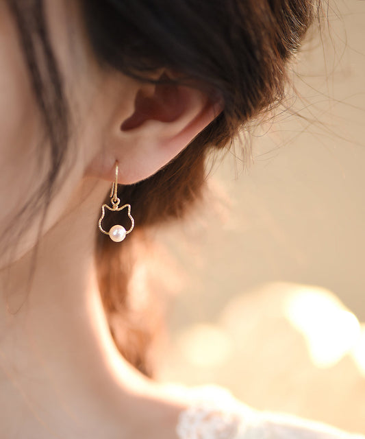 Pendientes colgantes de gato con perlas de aleación de oro nuevos de 2025