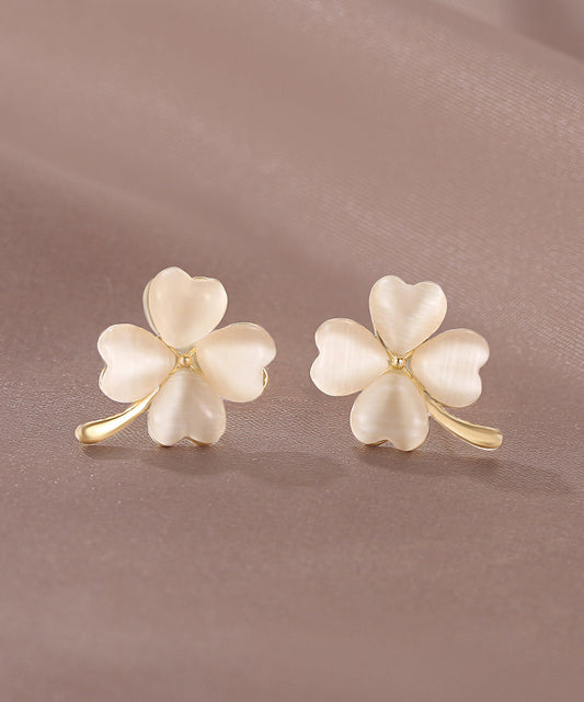 2025 New Gold Copper Alloy Clover Cat's Eye Stone Stud Earrings