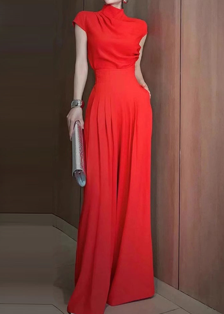 2025 New Red Turtleneck Top And Wide Leg Pants Two Pieces Set Short Sleeve