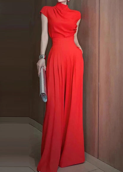2025 New Red Turtleneck Top And Wide Leg Pants Two Pieces Set Short Sleeve