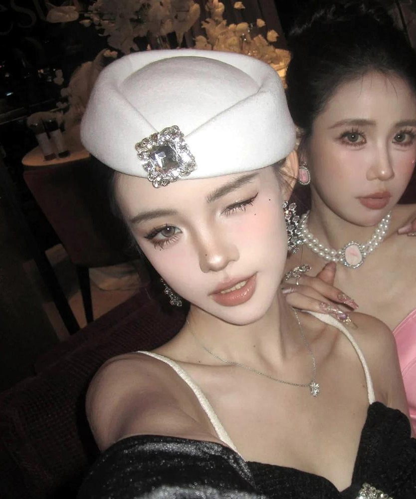 Boina de lana francesa con circonita blanca, nuevo estilo 2025