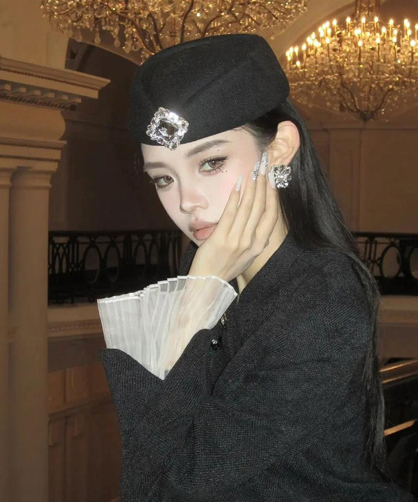 Boina de lana francesa con circonita blanca, nuevo estilo 2025