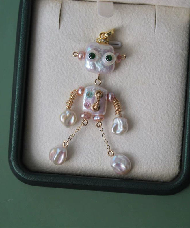 Neue Halskette mit Roboteranhänger aus weißer Kupferlegierung und Perle, Baujahr 2025