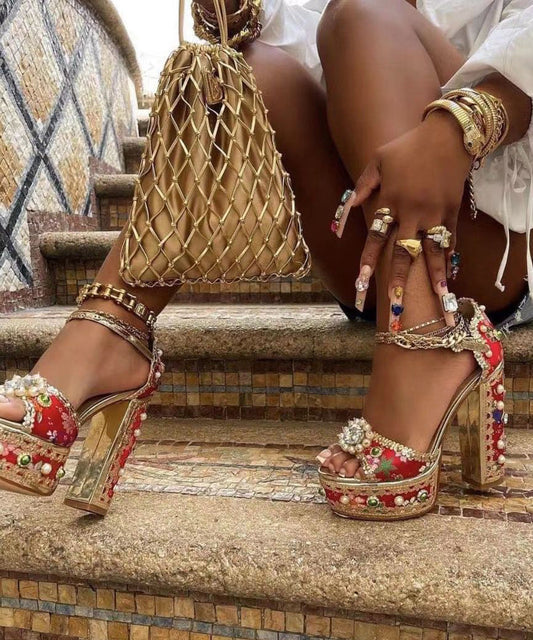2025 Red Zircon Nail Bead Embroidered Platform Heels Sandals