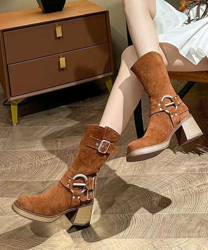 Botas vaqueras gruesas con empalme 2025 en ante color caramelo