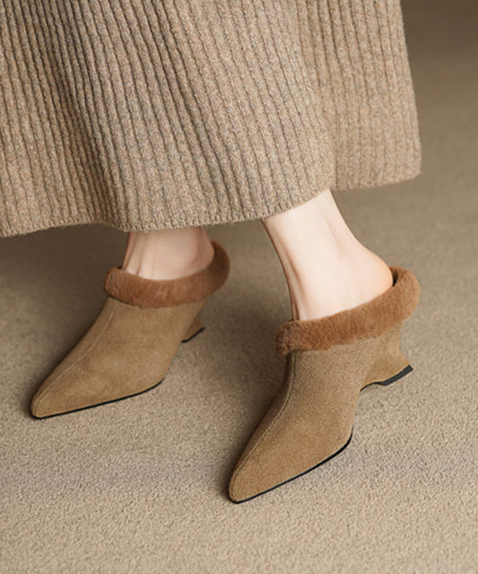 2025 Zapatillas de cuña con empalme de ante negro con forro de lana afelpada