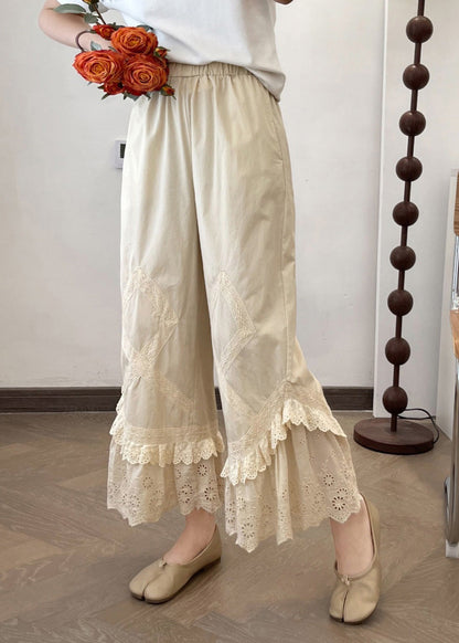 2025 Summer New Apricot Lace Splicing Wide Leg Pants