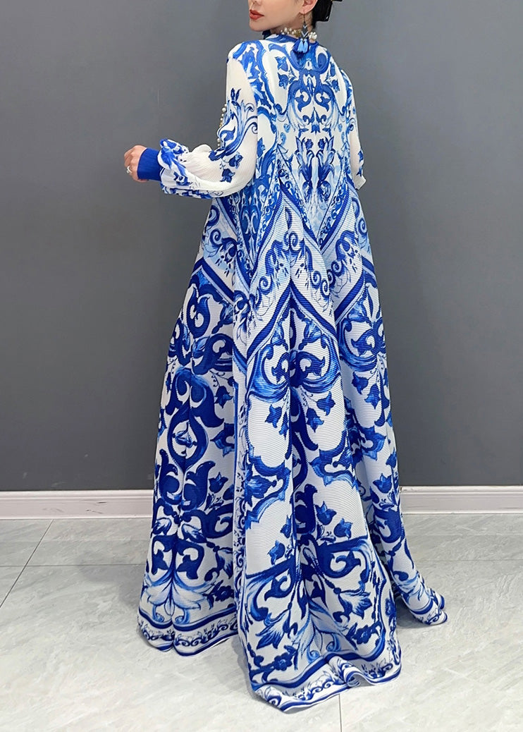 2025 Summer New Blue And White Porcelain Print Chiffon Pleated Long Dress