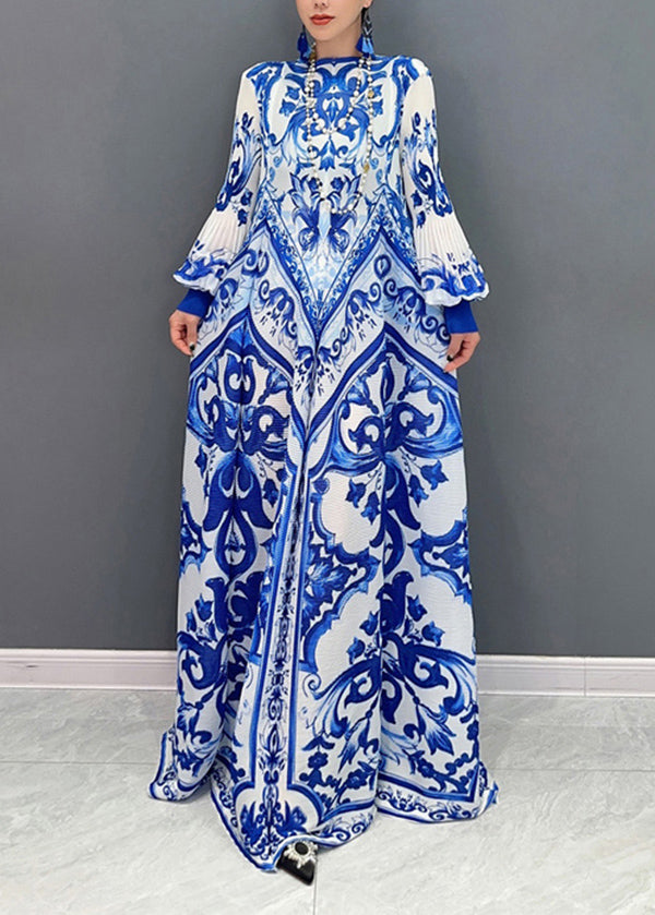 2025 Summer New Blue And White Porcelain Print Chiffon Pleated Long Dress