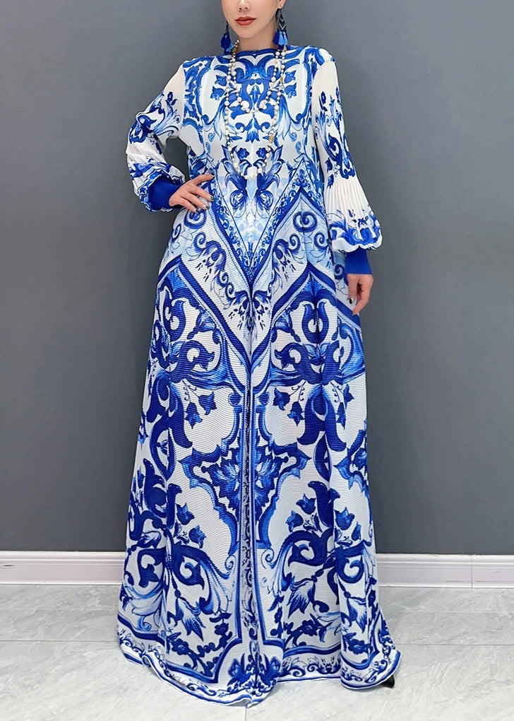 2025 Summer New Blue And White Porcelain Print Chiffon Pleated Long Dress