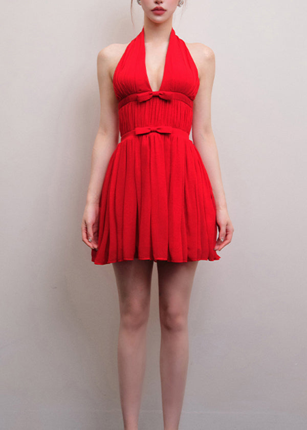2025 Summer New Chiffon Halter Vneck Bow Red Dresses