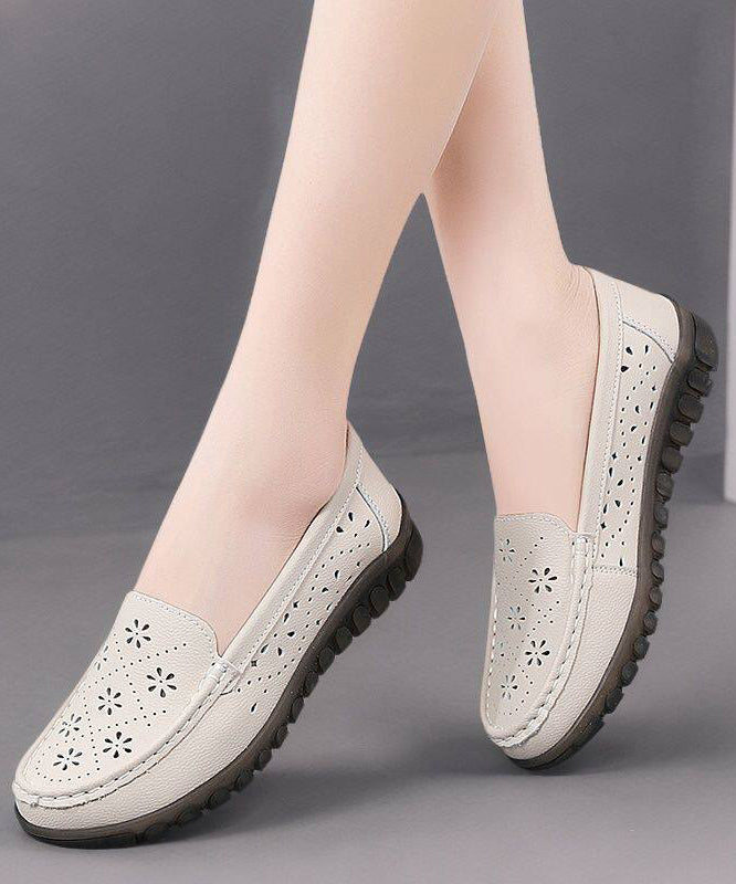 2026 Hollow Out Flat Feet Shoes Beige Cowhide Leather