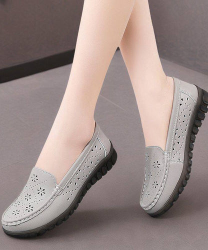 2026 Hollow Out Flat Feet Shoes Beige Cowhide Leather