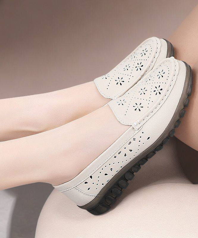 2026 Hollow Out Flat Feet Shoes Beige Cowhide Leather
