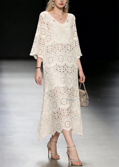 2026 New Apricot V Neck Hollow Out Knit Long Dress Summer