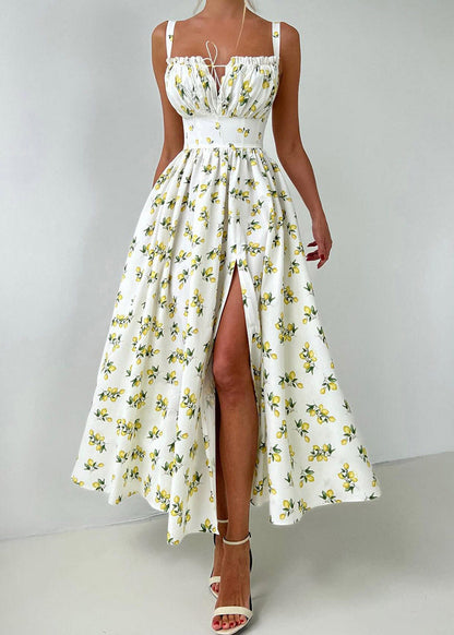 2026 New Beige Print Side Open Long Spaghetti Strap Dress Sleeveless