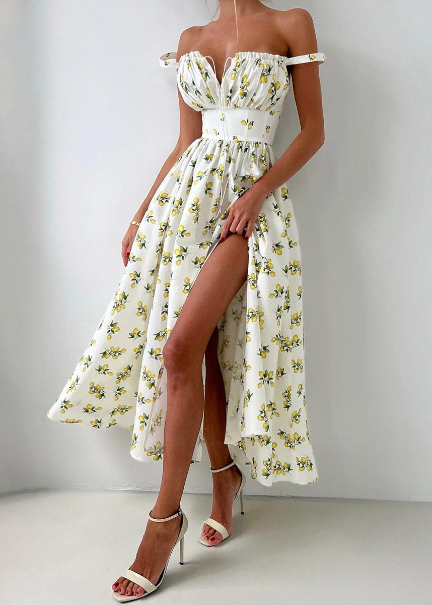 2026 New Beige Print Side Open Long Spaghetti Strap Dress Sleeveless