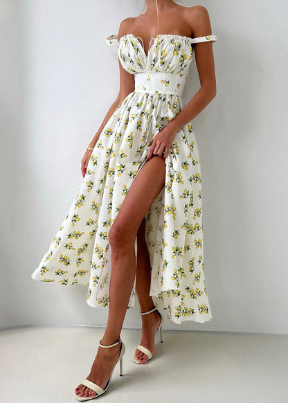 2026 New Beige Print Side Open Long Spaghetti Strap Dress Sleeveless