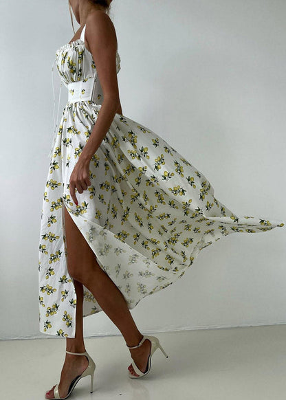 2026 New Beige Print Side Open Long Spaghetti Strap Dress Sleeveless