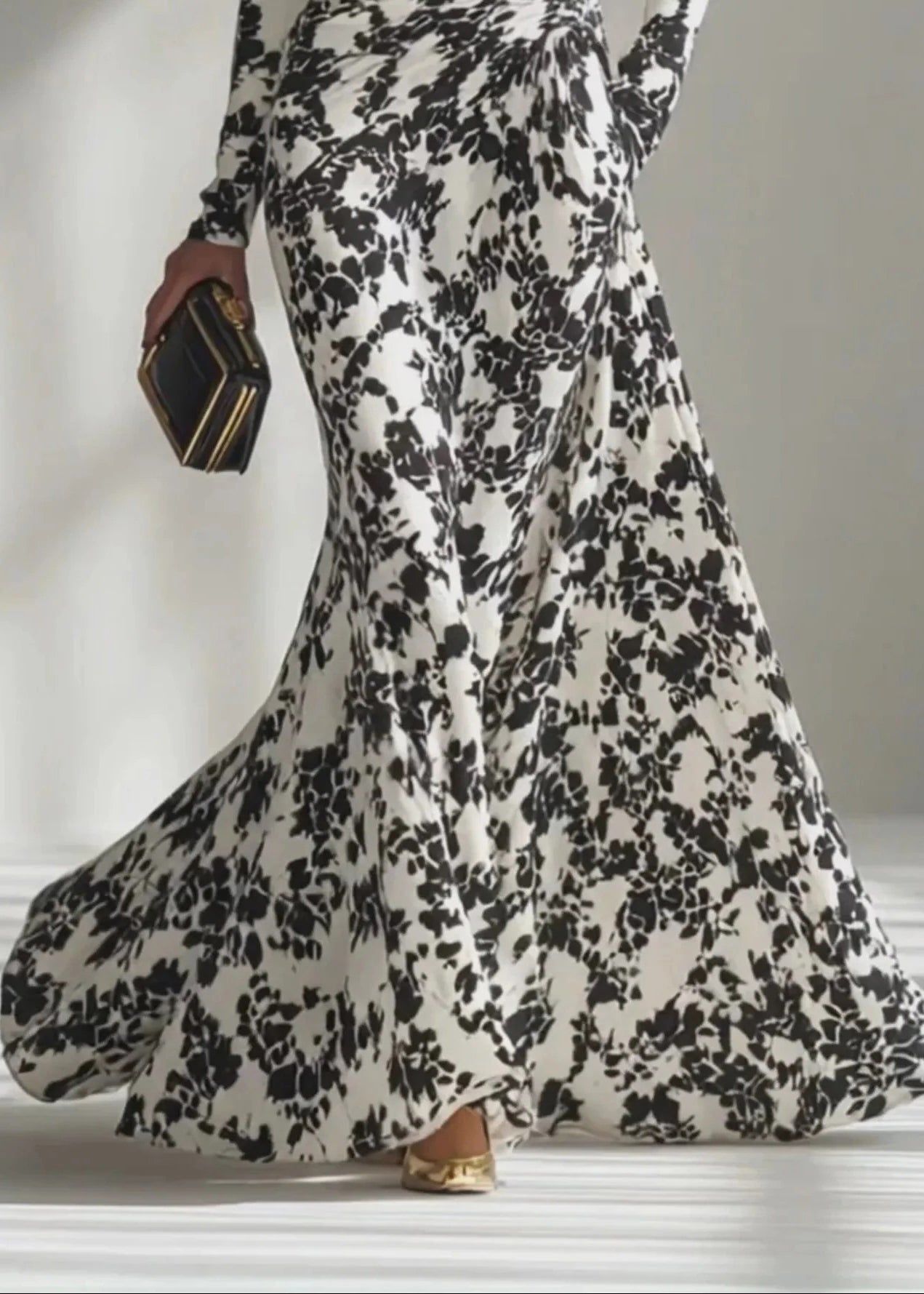 2026 New Black White Print Wrinkled Chiffon Robe Dresses Fall