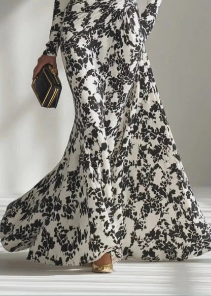 2026 New Black White Print Wrinkled Chiffon Robe Dresses Fall