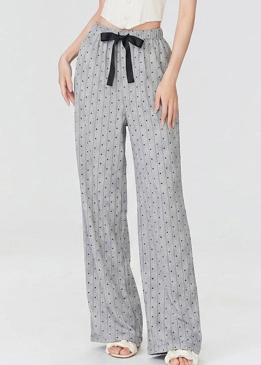 2026 New Grey Dot Elastic Waist Bow Straight Pants