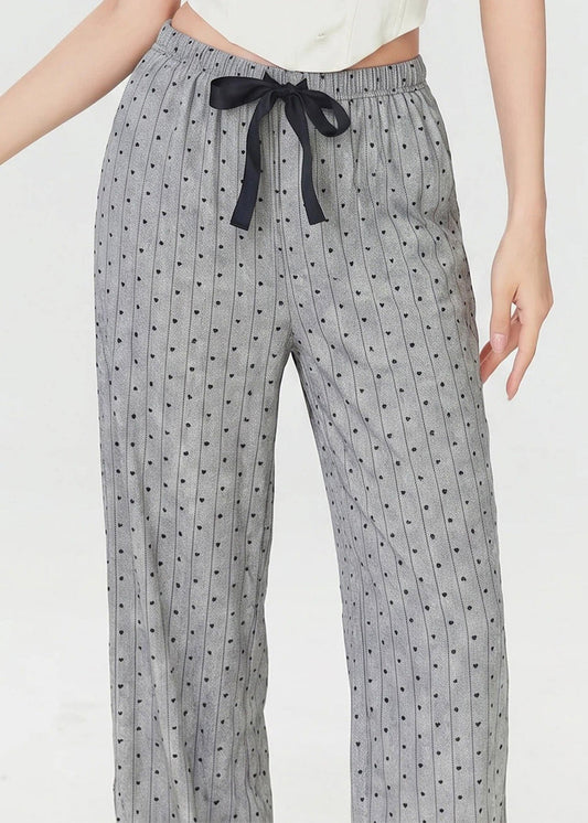 2026 New Grey Dot Elastic Waist Bow Straight Pants