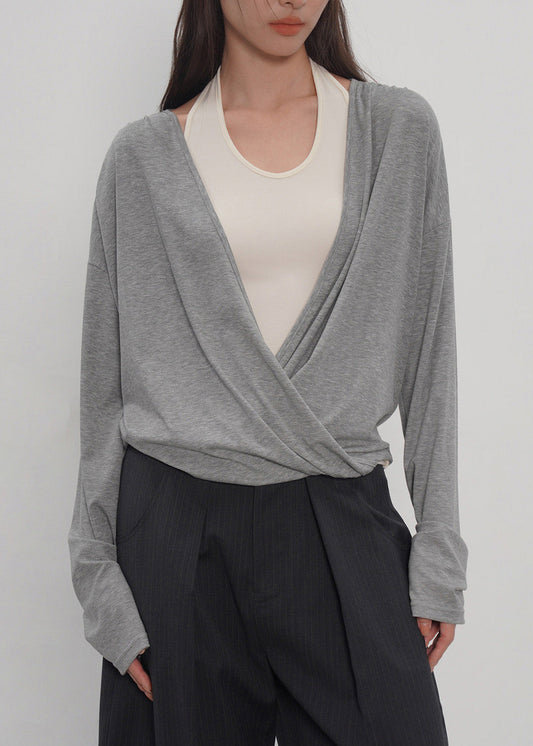 2026 New Grey Fake Two-Piece Spliced Neck Hanging Long Sleeved T-Shirt Top