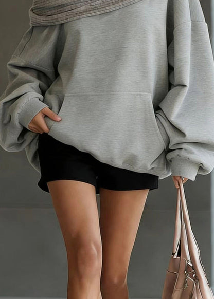 2026 New Grey Slash Neck Hooded Pullover Streetwear Spring
