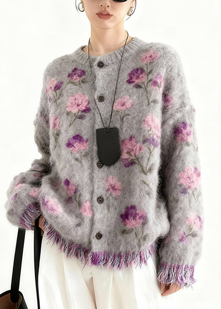 2026 New Purple Print Button Tassel Cotton Knit Cardigans Spring