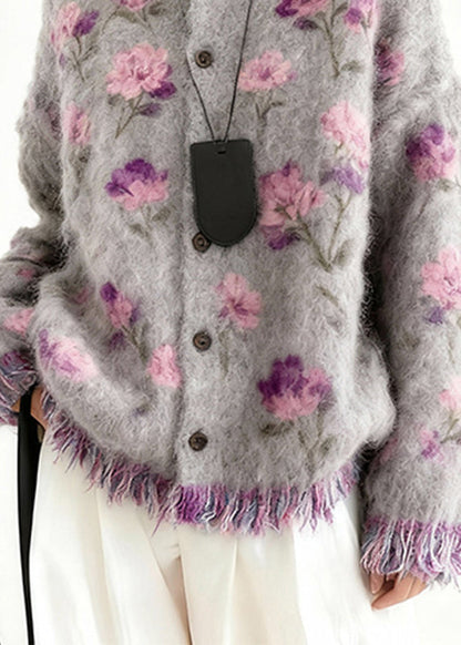 2026 New Purple Print Button Tassel Cotton Knit Cardigans Spring