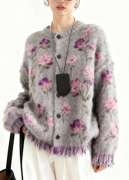 2026 New Purple Print Button Tassel Cotton Knit Cardigans Spring