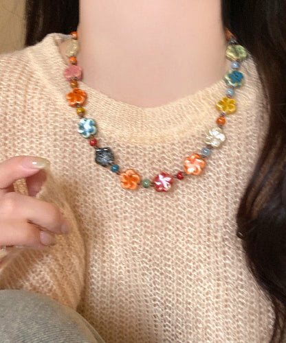 2026 New Rainbow Weave Ceramics Floral Gratuated Bead Necklace