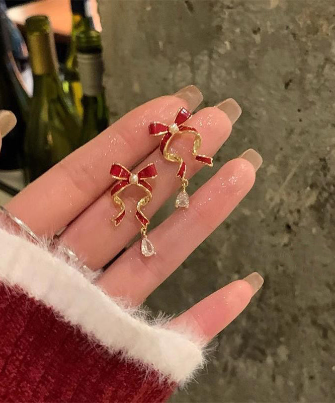 2026 New Red Sterling Silver Alloy Zircon Bow Drop Earrings