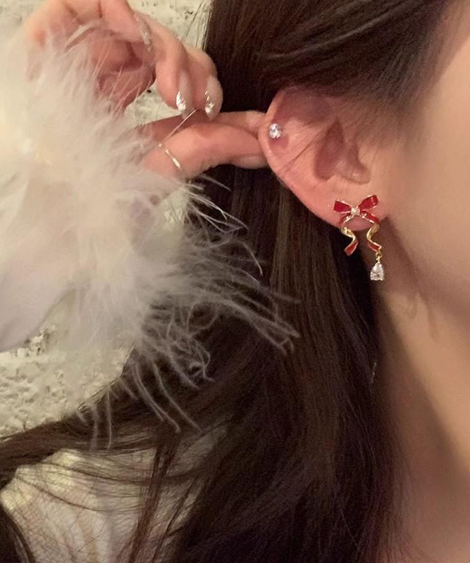 2026 New Red Sterling Silver Alloy Zircon Bow Drop Earrings