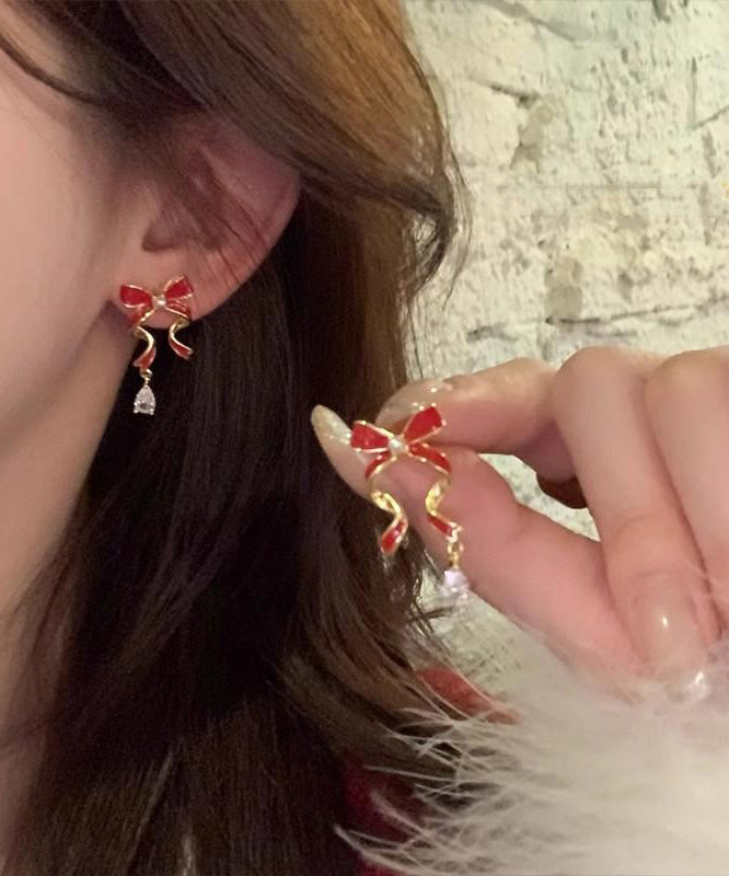 2026 New Red Sterling Silver Alloy Zircon Bow Drop Earrings