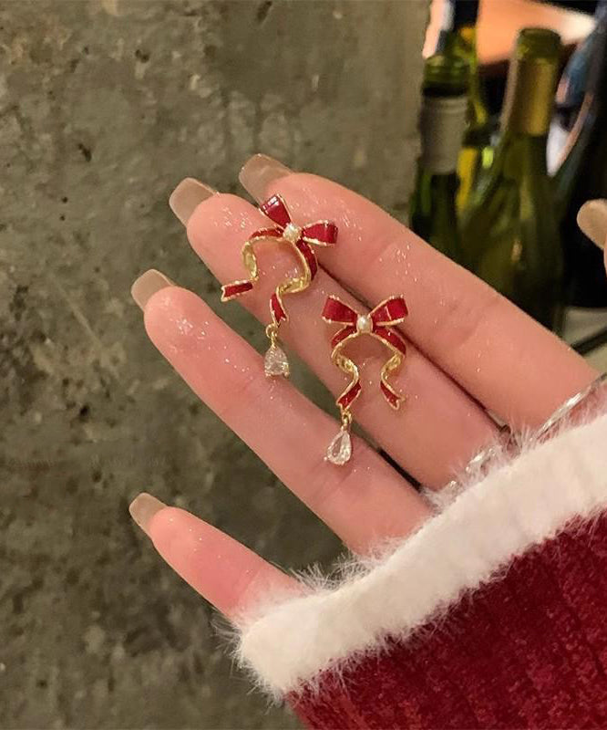 2026 New Red Sterling Silver Alloy Zircon Bow Drop Earrings