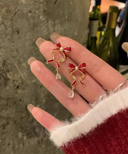 2026 New Red Sterling Silver Alloy Zircon Bow Drop Earrings