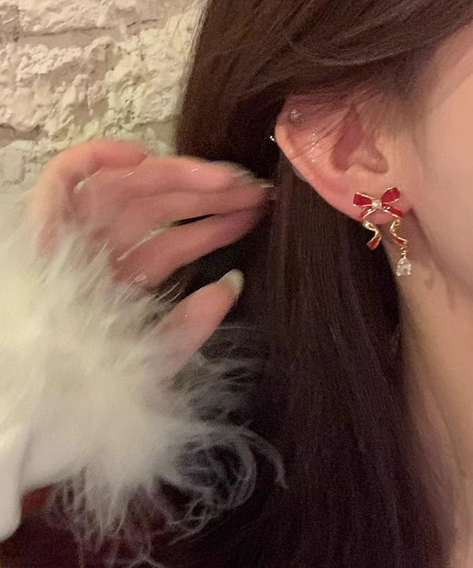 2026 New Red Sterling Silver Alloy Zircon Bow Drop Earrings