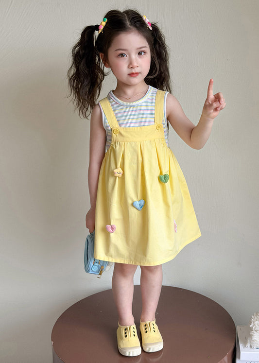 2026 New Yellow Patchwork Kids Top And Long Dress Two Pieces Set Sleeveless