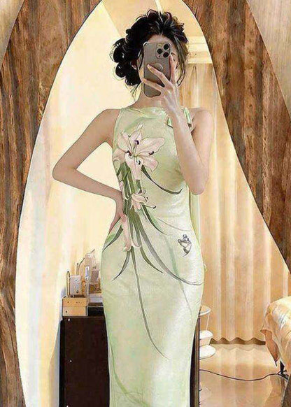 2026 Summer New Chinese Style Print Side Open Mint Green Slim Fit Dress